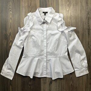 Cupio Womens Cold Shoulder Blouse Top Medium White Button Up Ruffle Chic Modern